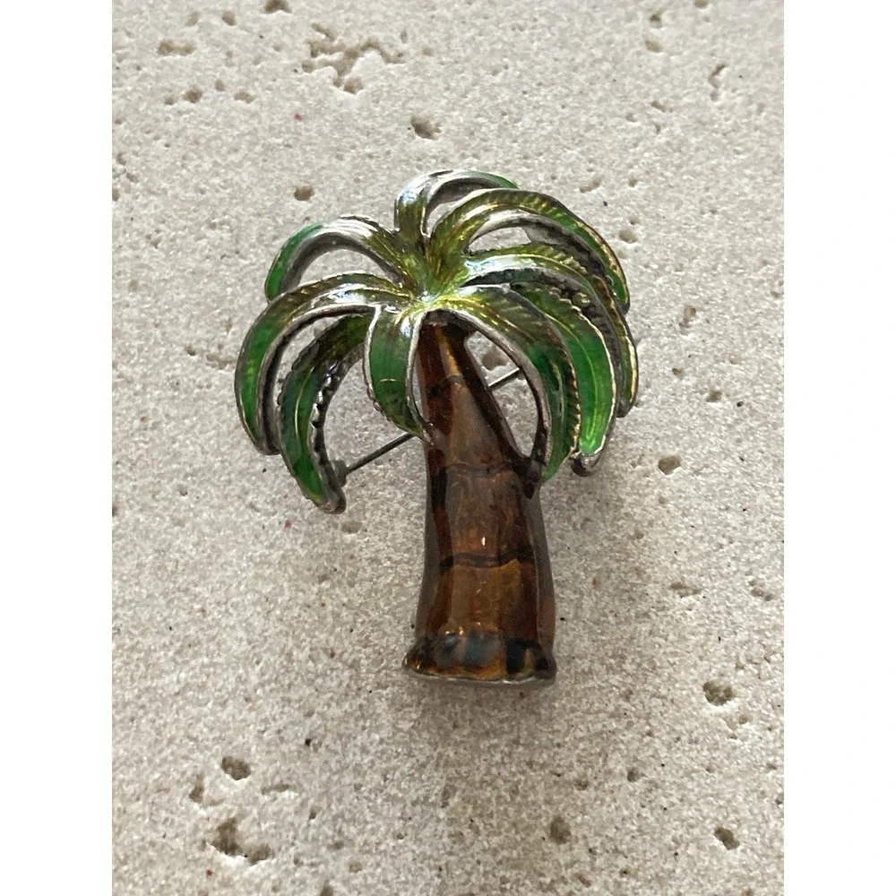 Vintage Palm Tree‎ Brooch Green Enamel Brown Resin Trunk Tropical Beachy